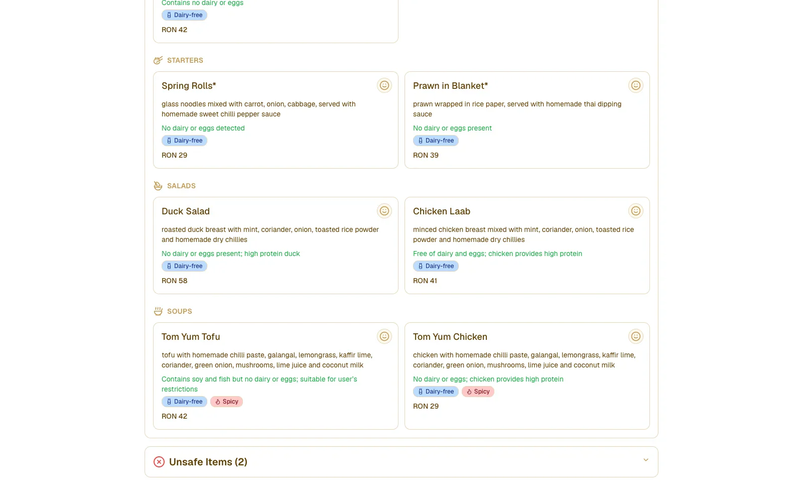 Niblu personalized menu analysis