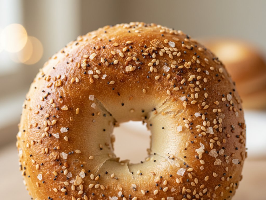 Freshly baked New York-style bagel with a shiny golden crust