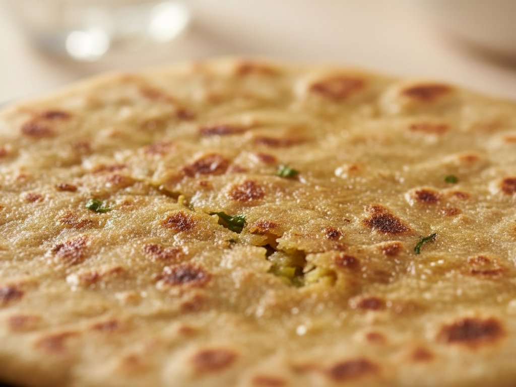 Golden crispy aloo paratha with butter, yogurt, and pickle on the side