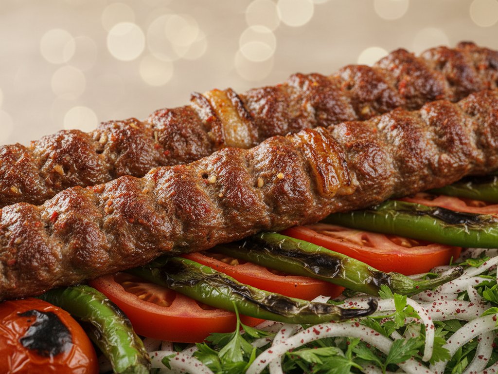 Adana kebab on a flat skewer served with grilled peppers and flatbread