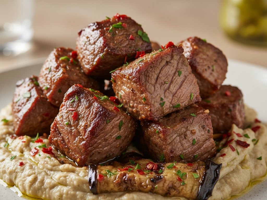 Alinazik kebab with lamb pieces over smoky eggplant and yogurt purée