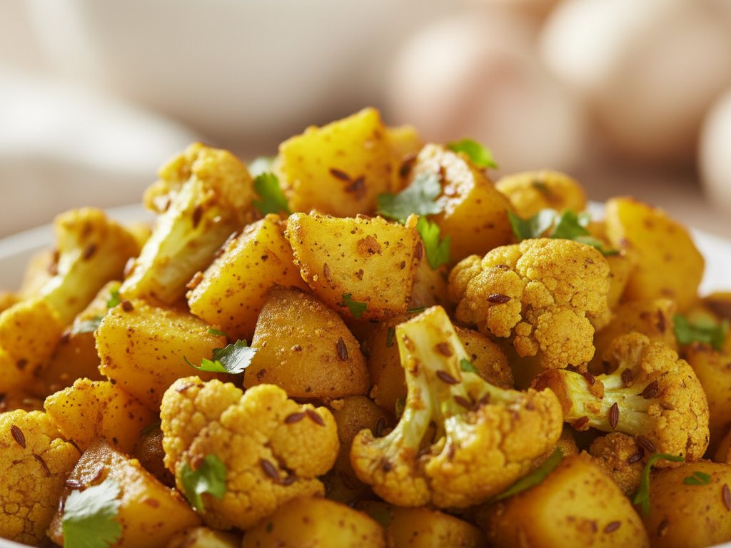 Bowl of aloo gobi with golden potato and cauliflower pieces in a turmeric-spiced curry