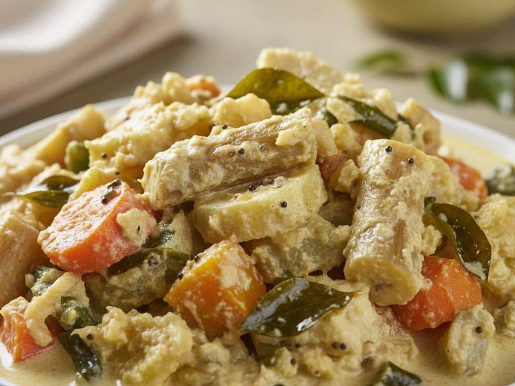 Colorful avial with mixed vegetables in a thick white coconut-yogurt sauce