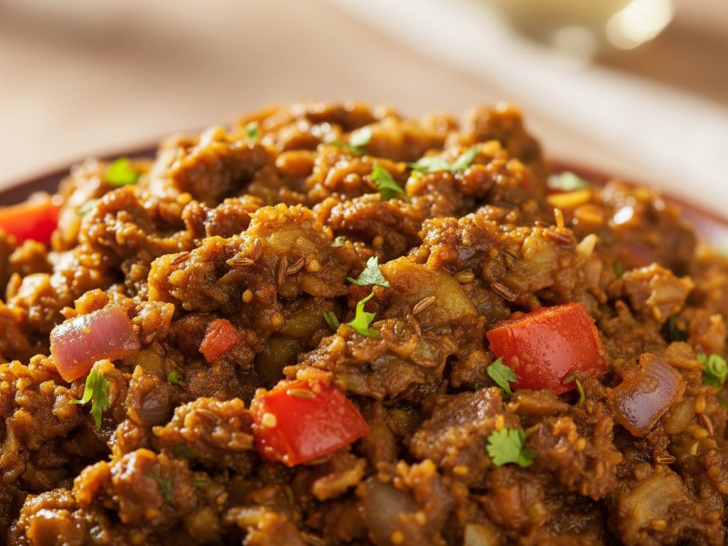 Smoky baingan bharta with mashed roasted eggplant in a spiced onion-tomato mixture