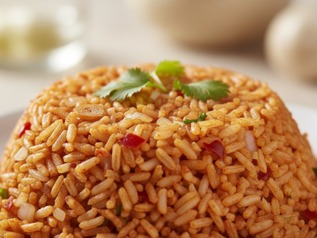 Plate of red Mexican rice with tomato color and cilantro garnish