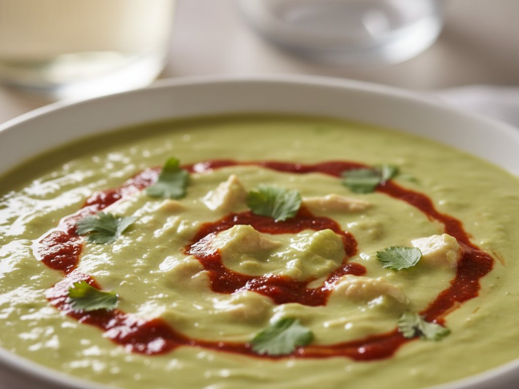 Creamy pale green avocado soup garnished with crispy tortilla strips