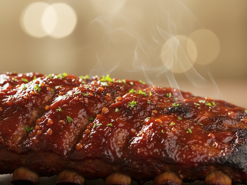 Rack of slow-smoked BBQ ribs glazed with dark barbecue sauce