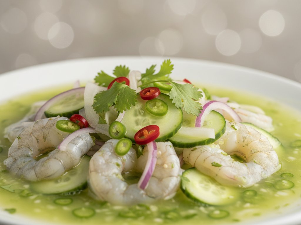 Bright green aguachile with raw shrimp, cucumber slices, and red onion in lime-chili juice