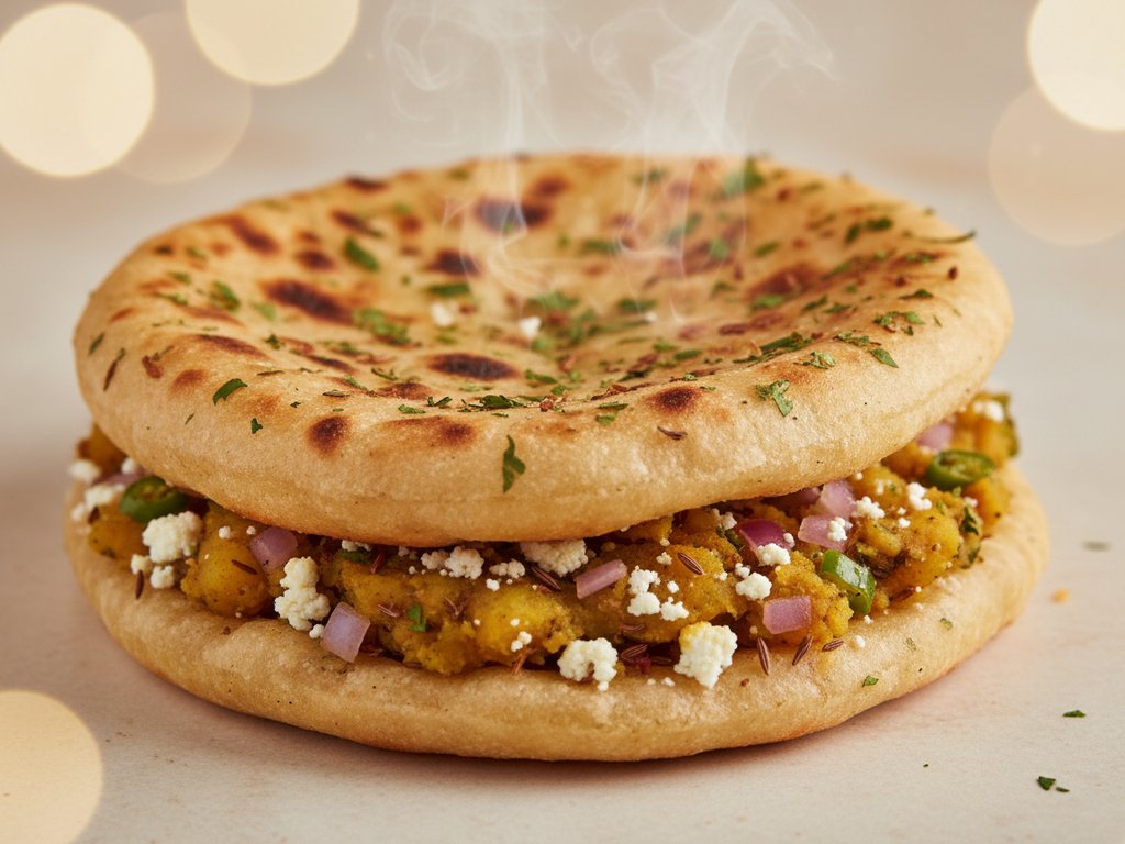 Golden Amritsari kulcha with visible spiced stuffing charred from the tandoor