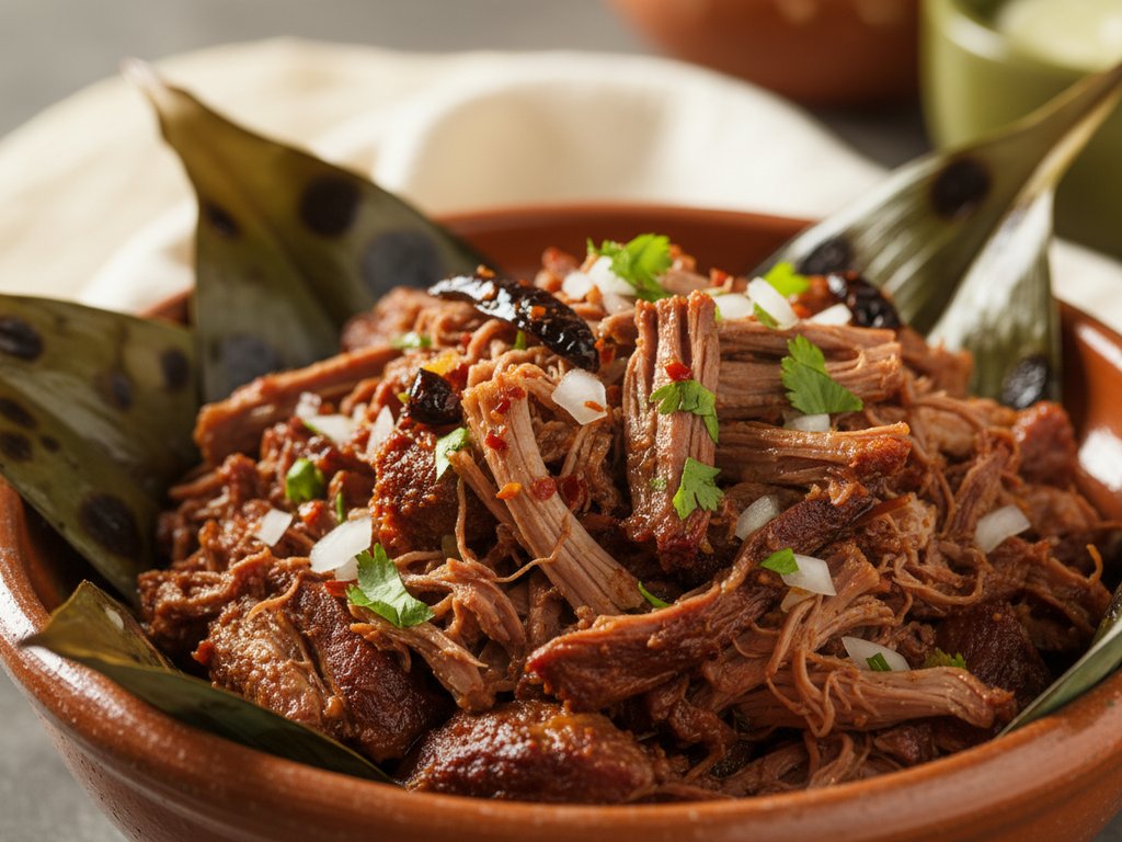 Tender shredded barbacoa meat on a plate with corn tortillas and consomé